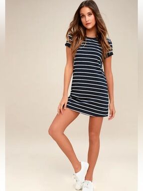 Lulu's Navy and White Striped Mini T-Shirt Dress